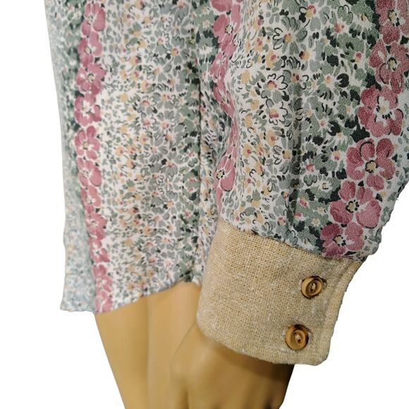 1970s Western Cream Floral Print Patchwork Quilted Yoke Button Up Shirt Size M - Picture 6 of 10